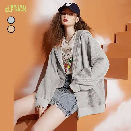 妖精的口袋华夫格灰色针织薄外套女2023春季新款连帽休闲宽松百搭图片