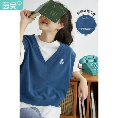 茵曼宽松女2023春季新款字母绣花休闲套头平纹T恤针织马甲两件套图片