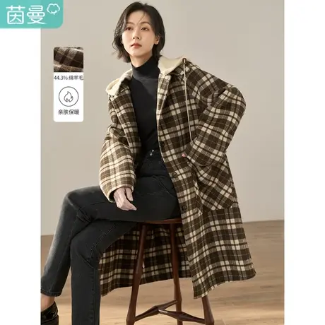 【商场同款】茵曼2022冬女装新款复古格纹可拆卸帽宽松双面呢外套图片