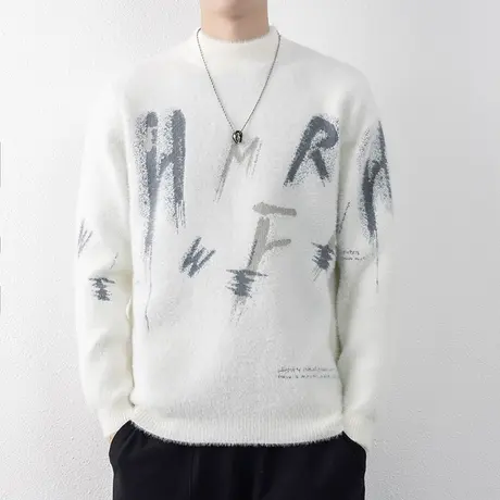 半高领毛衣男士秋冬季加厚保暖打底针织衫潮牌印花套头软糯毛线衣商品大图