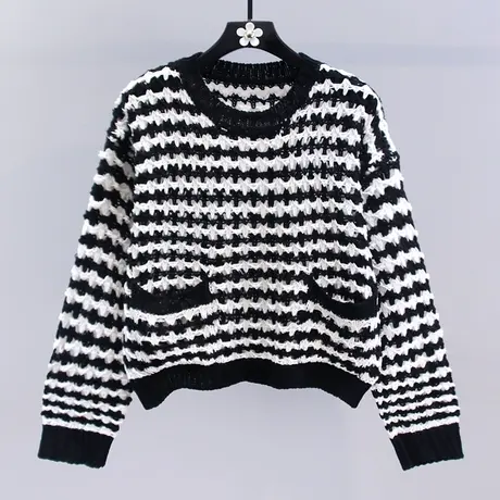 小香风撞色条纹毛衣女秋冬2023新款日系慵懒风宽松短款针织衫上衣商品大图