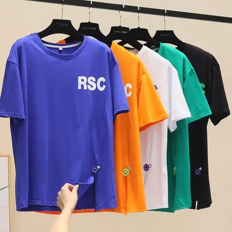 短袖T恤女士宽松2023年夏季新款开叉洋气卡通小熊印花百搭上衣服商品大图