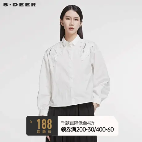 sdeer圣迪奥春秋女装短款翻领翅膀刺绣宽松白色长袖衬衫S20180519商品大图