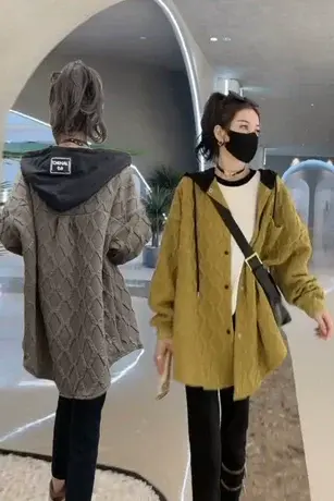 时尚潮流菱形连帽外套女潮ins2023年春秋中长款宽松外穿长袖上衣图片