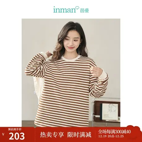【商场同款】茵曼复古条纹T恤2023秋季女装新款圆领长袖宽松上衣图片