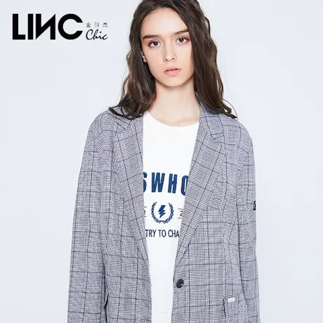 商场同款LINC金羽杰西装外套女2023秋季新款经典复古休闲黑白格纹图片