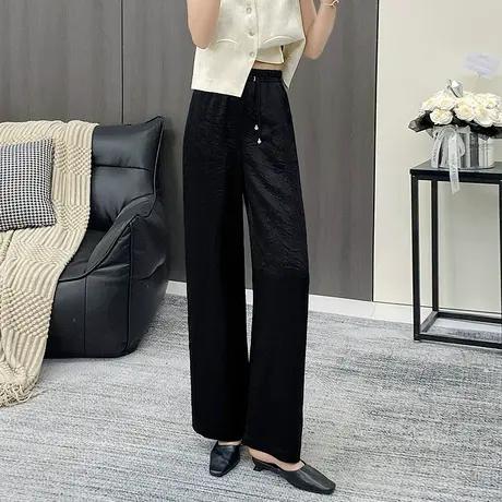 水波纹国风直筒裤女夏2025新款阔腿裤垂感薄款冰丝宽松休闲长裤子图片