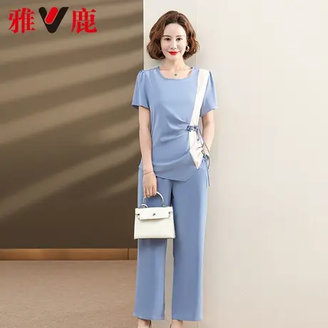 雅鹿妈妈女士夏季套装2024新款时尚休闲中年简约短袖小衫两件套女图片