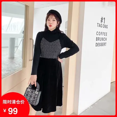2023年秋季大码胖mm两件套半高领黑色内搭针织衫显瘦中长款吊带裙图片