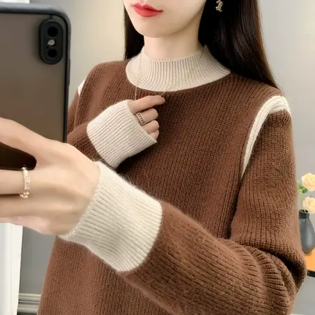 撞色半高领毛衣女2023秋冬新款韩版软糯针织衫小众宽松显瘦打底衫商品大图