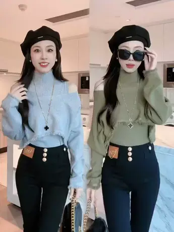 2023秋季新款针织毛衣设计感流苏露肩斗篷两件套女气质半高领背心图片