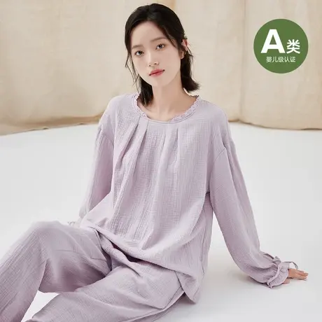 顶瓜瓜女士纯棉家居服顶呱呱A类女士透气纯色双层皱皱纱家居套装商品大图