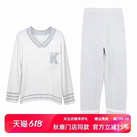 秋鹿秋冬新款长袖V领女士睡衣套装毛绒甜美字母法兰绒家居服商品大图