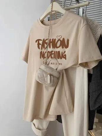 夏日高级感穿搭上衣oversize大码t恤女ins潮纯棉小众美式印花短袖商品大图