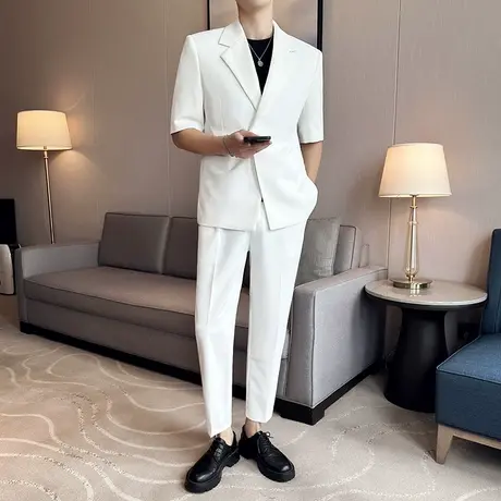 夏季宽松白色冰丝西服男短袖潮流时尚痞帅隐藏扣设计半袖西服套装商品大图