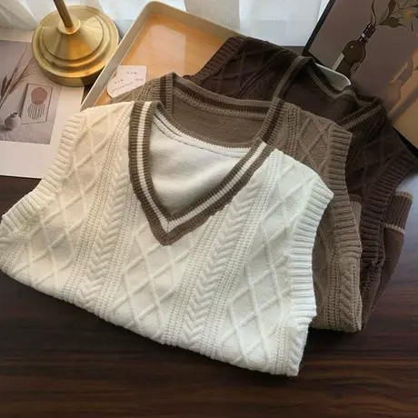 学院风撞色领边麻花针织背心2022年秋季韩版叠穿外搭毛衣马甲女装商品大图