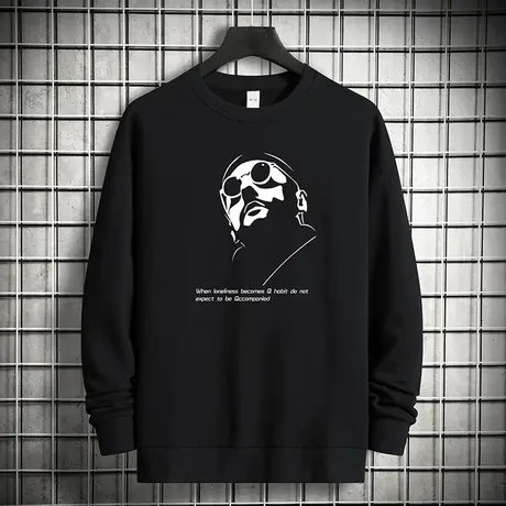 380g重磅纯棉黑色卫衣男潮ins摇粒绒加绒加厚圆领无帽上衣长袖t恤商品大图