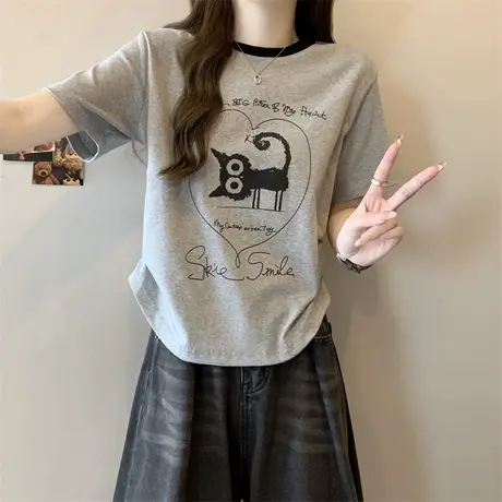 小个子短款短袖T恤女夏季韩版宽松撞色打底衫抽褶下摆纯棉上衣潮商品大图