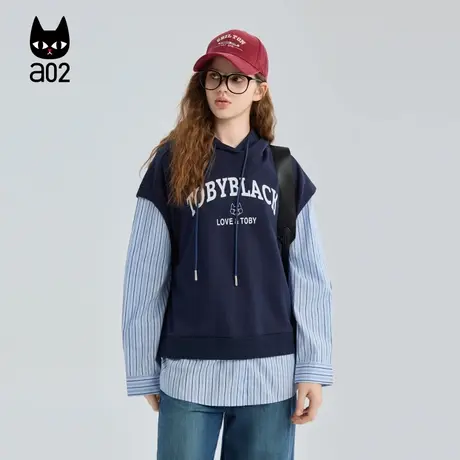 a02假两件拼接条纹长袖连帽卫衣女2025新款秋季宽松通勤秋装上衣图片