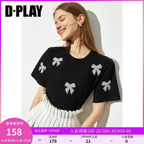 DPLAY德帕拉夏新设计师款重工镶钻蝴蝶结T恤黑色宽松舒适上衣商品大图