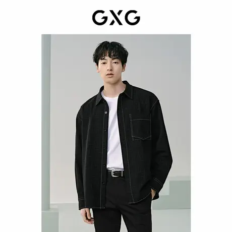 【X】GXG男装黑色小香风简约时尚宽松明线长袖衬衫外套男士24春品图片