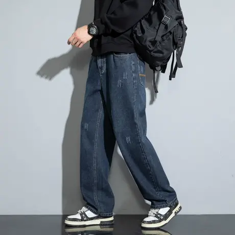 唐狮春秋季新款男牛仔裤宽松阔腿裤子复古美式潮牌直筒裤男生夏tu图片