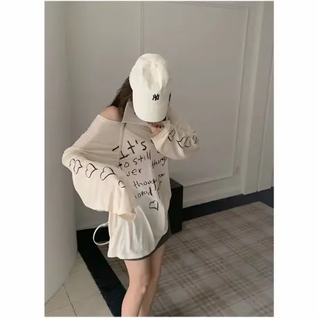 美式字母印花白色长袖t恤女夏季宽松慵懒松弛感薄款防晒罩衫上衣商品大图