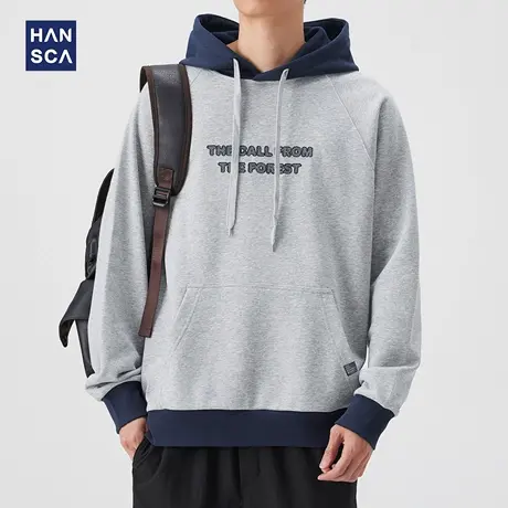 hansca360g美式字母刺绣连帽卫衣男2025秋季宽松撞色拼接保暖上衣商品大图