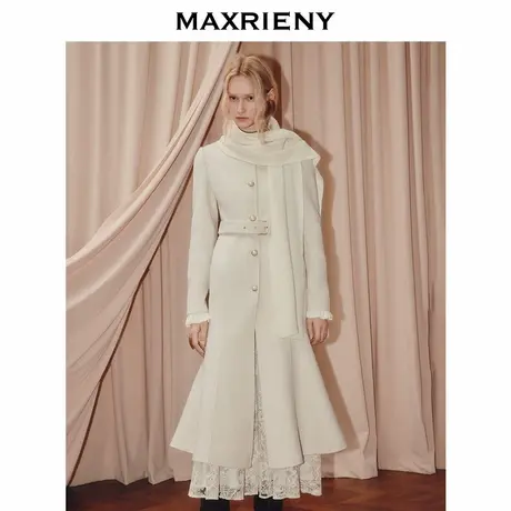 MAXRIENY法式复古双面呢羊毛大衣女25秋款收腰鱼尾围巾外套长款商品大图