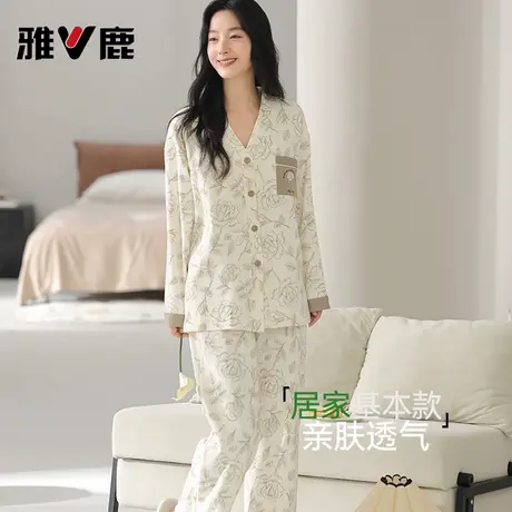 雅鹿纯棉睡衣女长袖开衫2025年新款女生秋冬简约大码家居服两件套商品大图