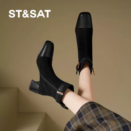 星期六高跟加绒女靴子秋冬季2025新款方头粗跟舒适短靴短筒时装靴图片