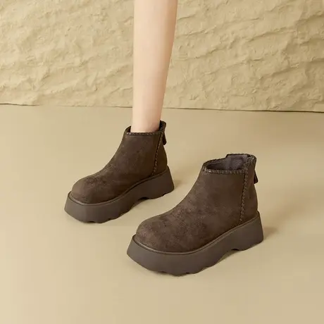 戈美其复古厚底短靴加绒保暖瘦瘦靴时装靴后拉链切尔西靴增高棉鞋图片