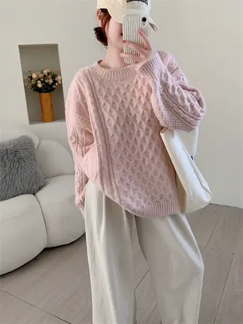 复古菱形加厚套头毛衣女2023秋季新款女装宽松显瘦百搭打底针织衫商品大图