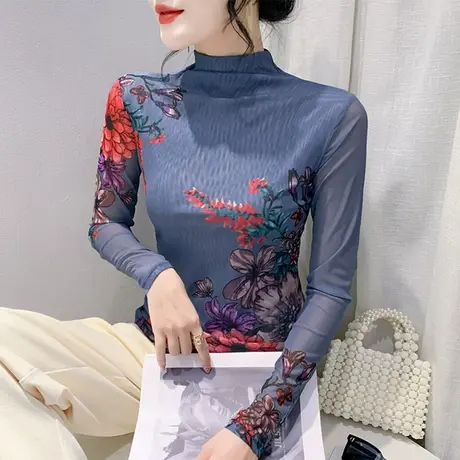 时尚半高领T恤女长袖ins扎染印花网纱上衣秋冬欧货修身内搭打底衫商品大图