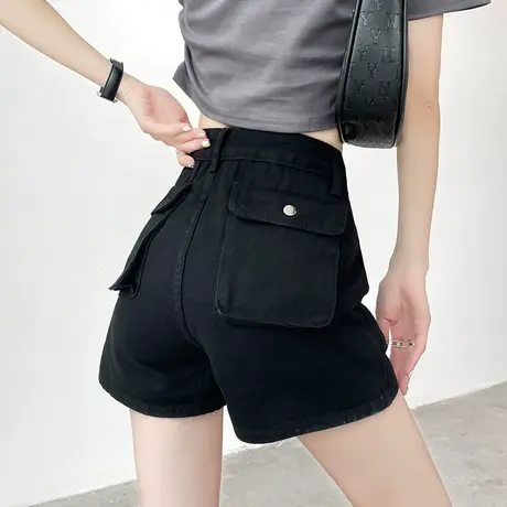 黑色工装短裤女小众夏季新款高腰a字宽松显瘦遮胯百搭阔腿热裤潮商品大图