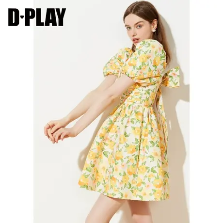 DPLAY夏新法式宫廷风橘粉花园泡泡灯笼袖高腰连衣裙沙滩裙图片
