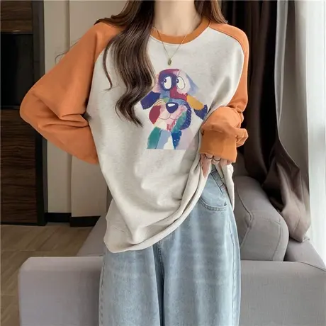 个性趣味印花插肩长袖卫衣女加厚加绒保暖秋冬装宽松撞色圆领上衣图片