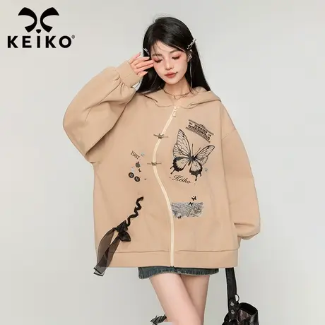 KEIKO [加密绒]设计感蝴蝶印花连帽卫衣加厚2023秋冬美式复古外套商品大图