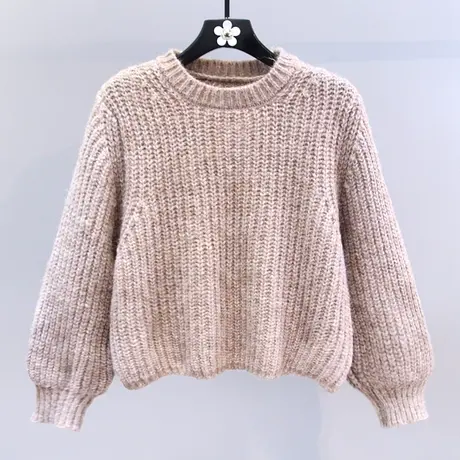 复古慵懒风圆领套头毛衣女秋冬2023新款宽松加厚短款打底针织衫商品大图