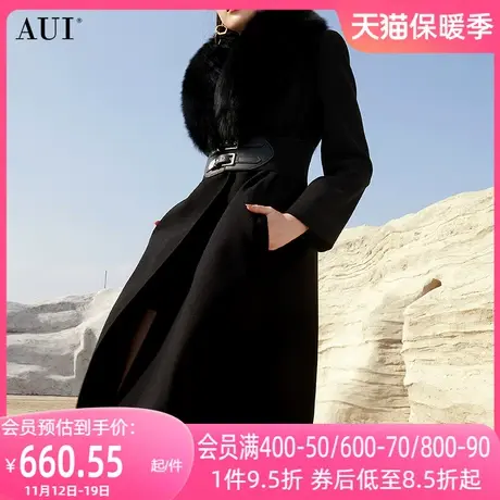 AUI黑色狐狸毛领毛呢外套女2023冬新款高端中长款修身呢子大衣厚图片