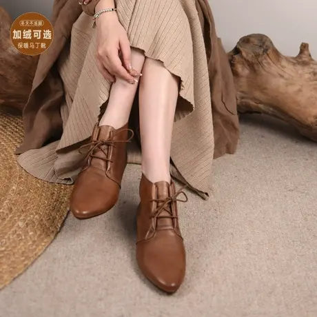 Artmu阿木原创复古尖头短靴女2023新款平底靴子系带踝靴加绒棉靴商品大图