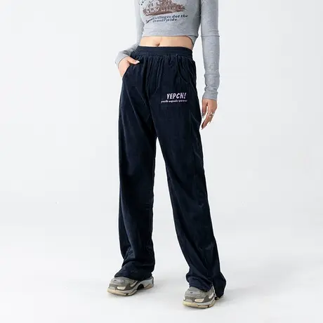 YEP复古灯芯绒休闲裤女春秋设计感拉链开叉阔腿裤宽松直筒长裤子图片