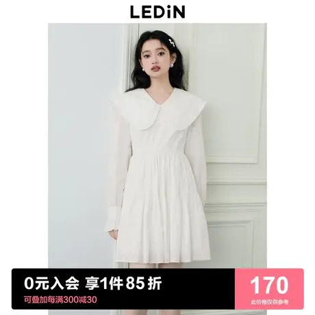 乐町甜美娃娃领连衣裙2023春季女装长袖短裙白色收腰温柔公主裙子图片