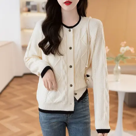 23088新款韩版宽松纯色圆领长袖针织衫上衣纽扣开衫外套毛衣女商品大图