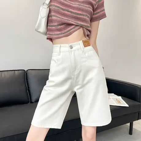 白色牛仔五分短裤女夏季薄款宽松休闲高腰刺绣直筒阔腿5分中裤子商品大图