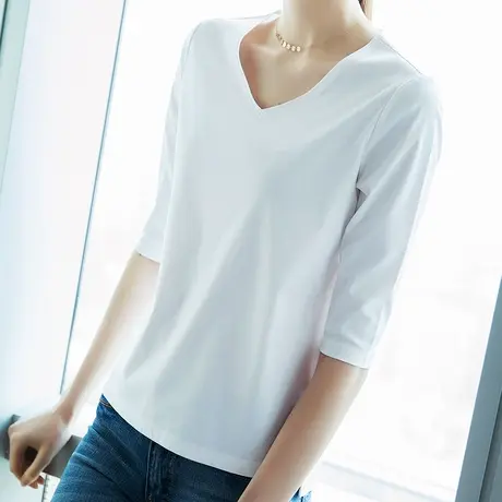雀后秋装纯色七分袖T恤女士宽松V领T桖上衣学生打底衫白色体恤商品大图