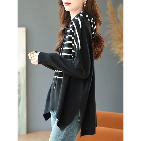 宝诗黎连帽条纹慵懒羊毛衫2024春秋季新款长袖套头毛衣宽松针织衫商品大图