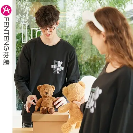 芬腾情侣睡衣女纯棉春秋长袖圆领套头男士大码全棉休闲家居服套装图片
