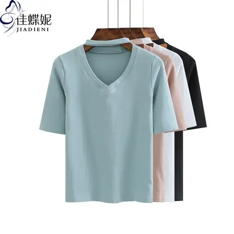 春秋新款韩版纯白修身显瘦纯色V领中袖体恤上衣女装半袖内搭T恤商品大图