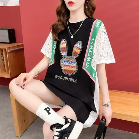 短袖t恤女夏季韩版宽松大码女装中长款下衣失踪蕾丝拼接上衣服潮商品大图